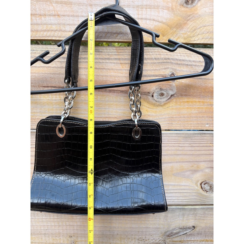 Black Croc Embossed Leather Shoulder Bag Chain Strap Triangle Logo - Picture 6 of 9